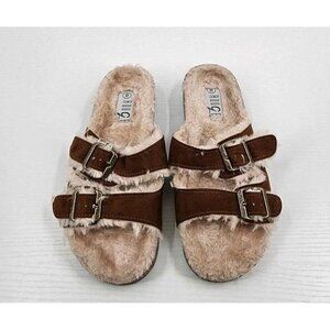 Rouge Helium Brown Faux Fur Lined 2 Adj Buckle Strap Closure Slip-on Sandals 8